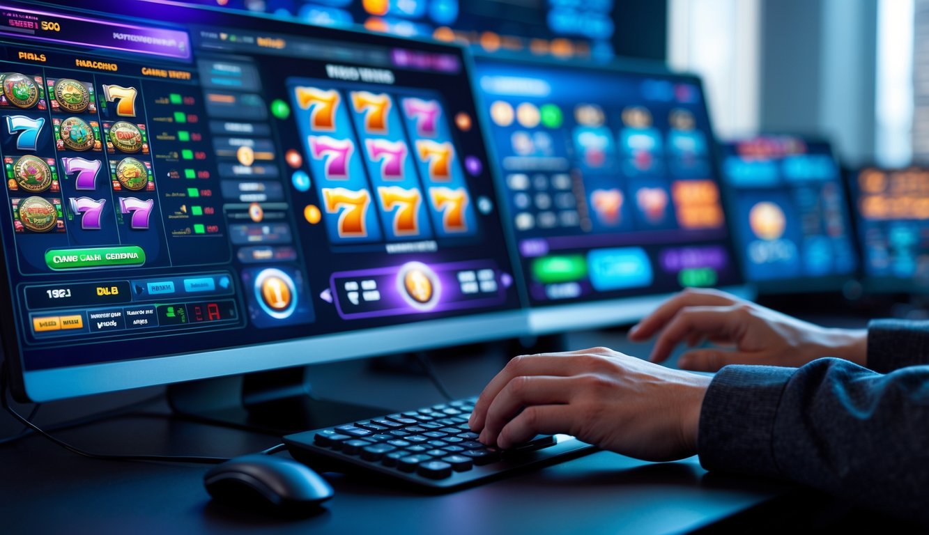 Seseorang bermain mesin slot online di depan komputer dengan layar menampilkan grafik dan pembaruan waktu nyata.