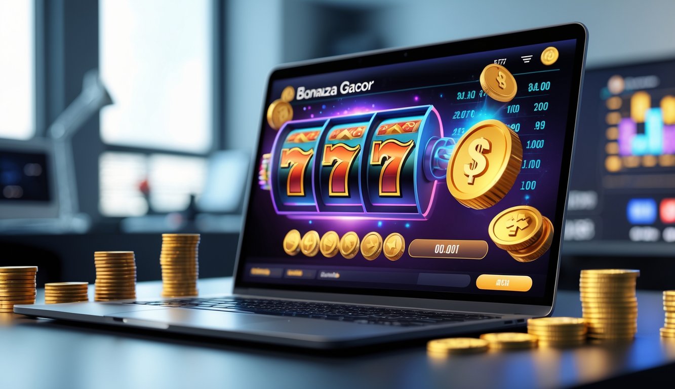 Seorang pengguna komputer dengan layar menampilkan grafik permainan slot dan koin emas di meja kerja yang rapi.