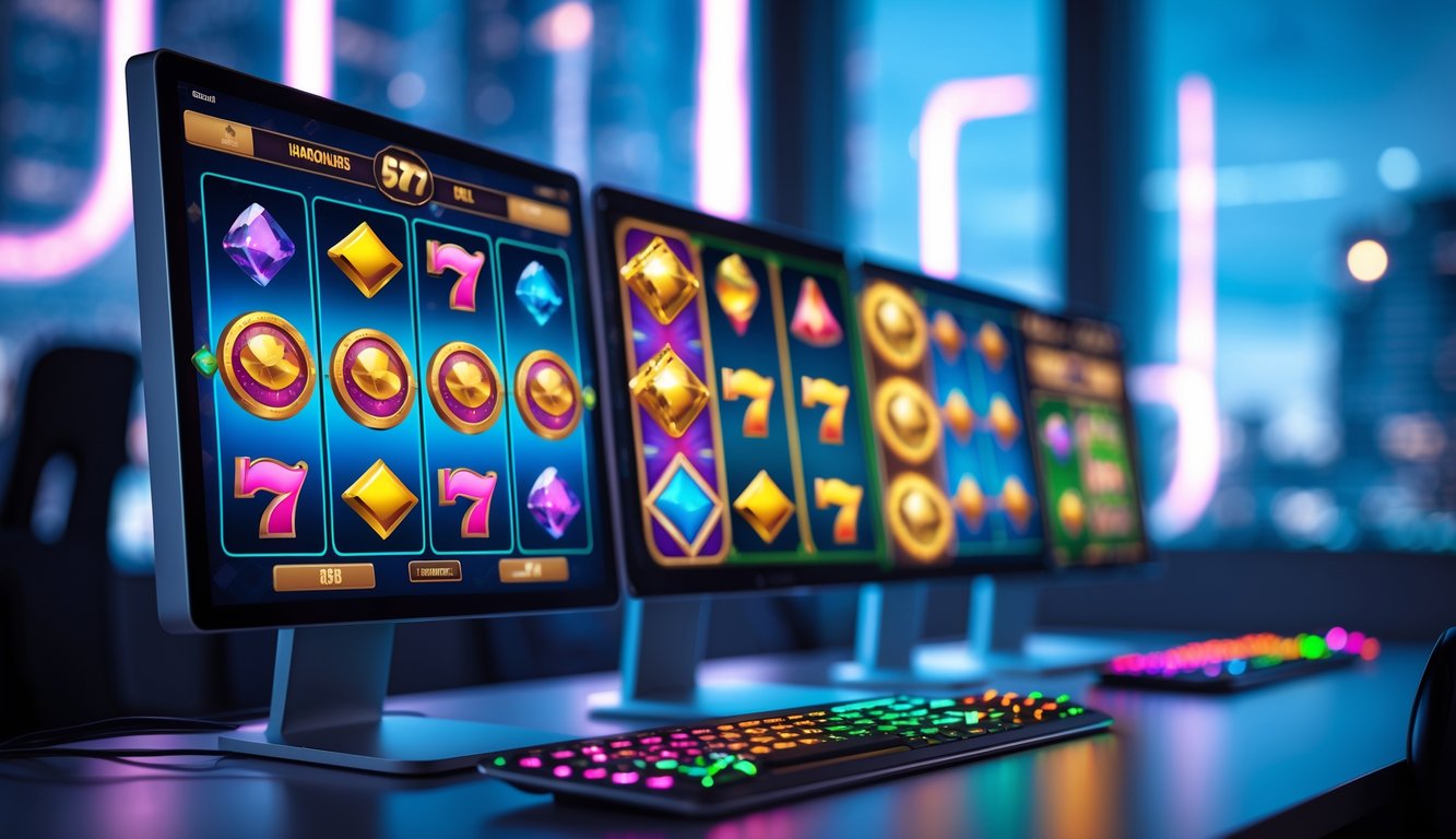 Suasana ruang kerja dengan komputer menampilkan permainan mesin slot online yang berwarna-warni dan modern.