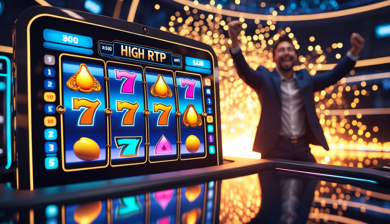 Seseorang merayakan kemenangan besar di depan layar mesin slot digital yang berwarna-warni dan cerah.