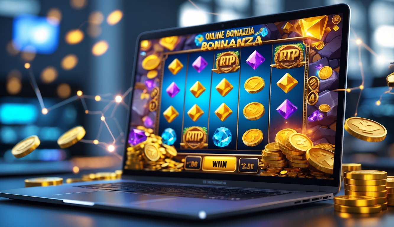 Seorang pemain menggunakan laptop dengan layar menampilkan permainan slot online bertema Bonanza dengan koin emas dan permata, menggambarkan peluang menang tinggi.
