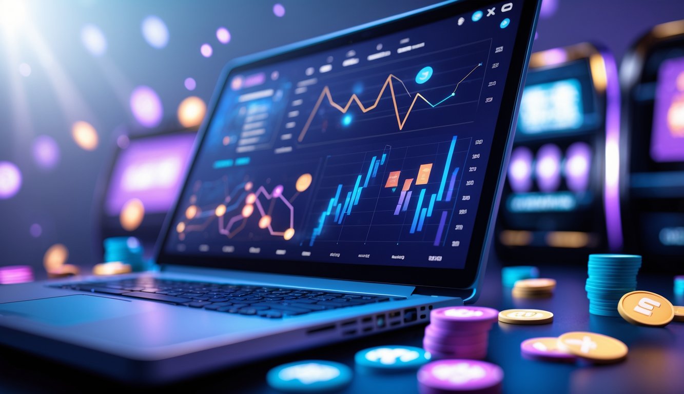Layar komputer menampilkan grafik data waktu nyata dengan elemen permainan digital di sekitarnya dalam suasana teknologi tinggi.