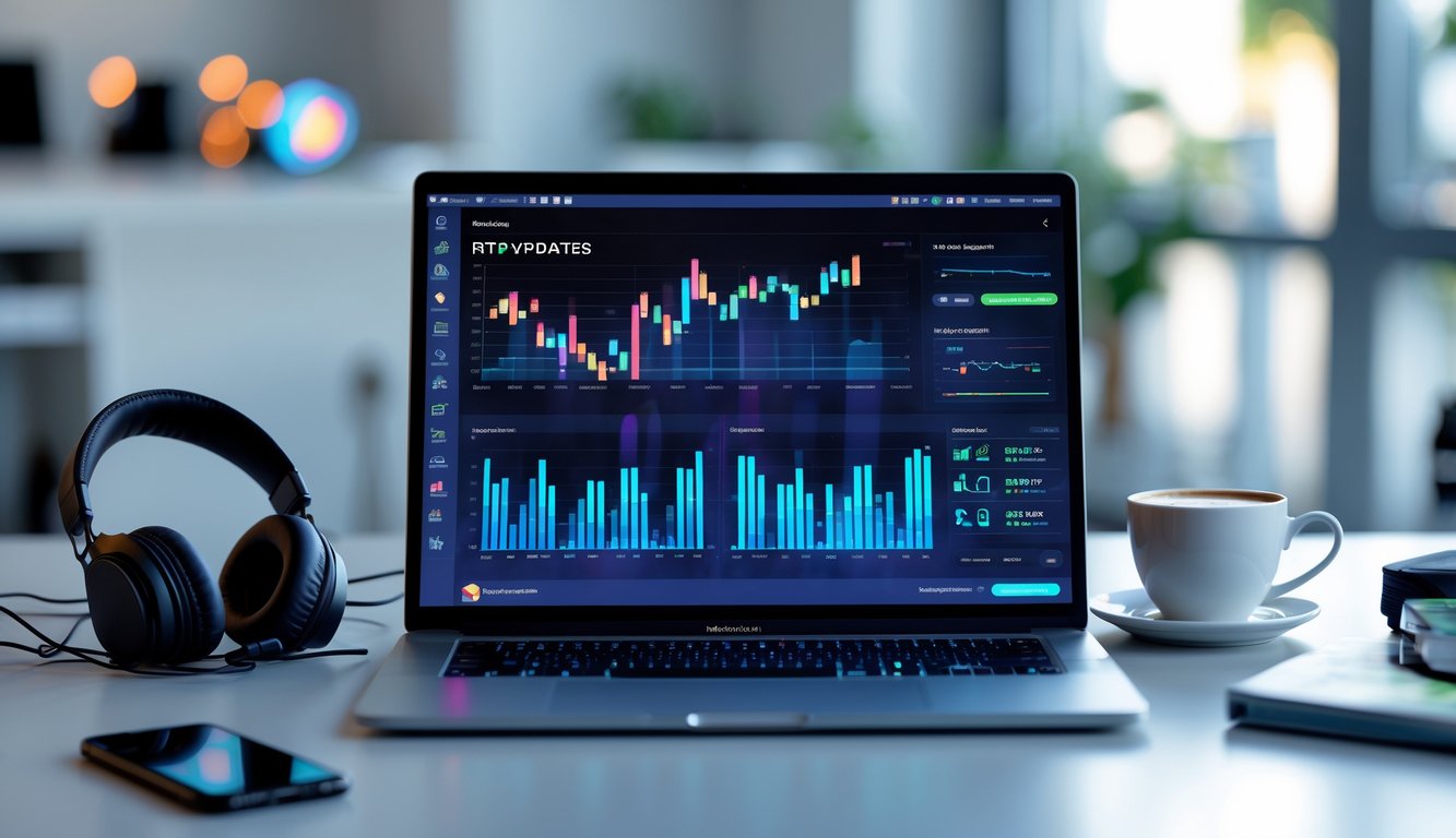 Sebuah meja kerja dengan komputer yang menampilkan grafik data dinamis tentang permainan online, dikelilingi oleh headphone dan ponsel di lingkungan teknologi modern.