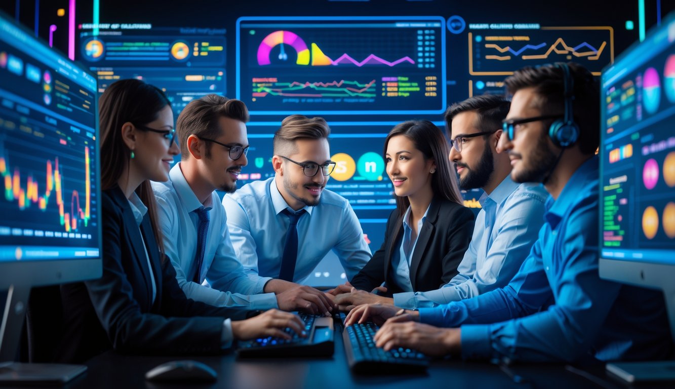 Sekelompok profesional sedang menganalisis data dan grafik di depan beberapa layar komputer dalam ruangan kerja modern.