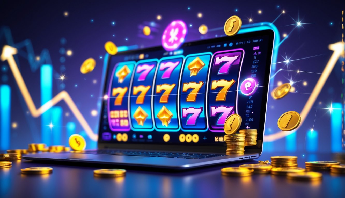 Sebuah komputer menampilkan layar permainan slot online dengan simbol berwarna cerah dan koin emas di sekitarnya, menandakan kemenangan dan keberuntungan.
