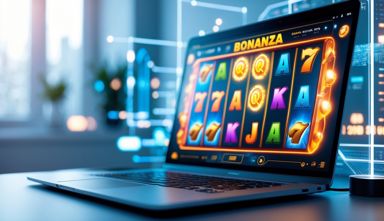 Seorang pengguna sedang bermain mesin slot online di komputer dengan latar belakang teknologi digital dan pola permainan yang menarik.