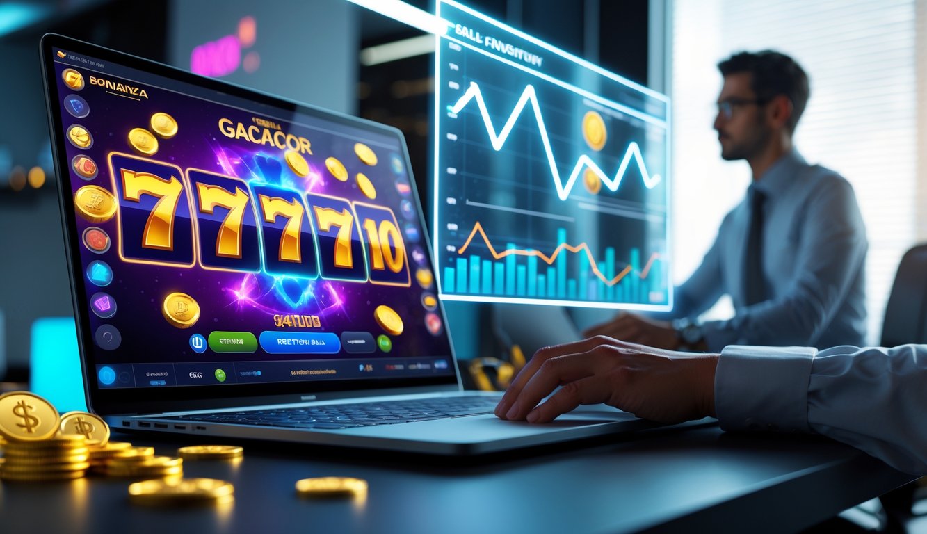 Seorang profesional sedang menganalisis data RTP pada permainan slot online Bonanza Gacor di depan layar komputer dalam ruangan kantor modern.