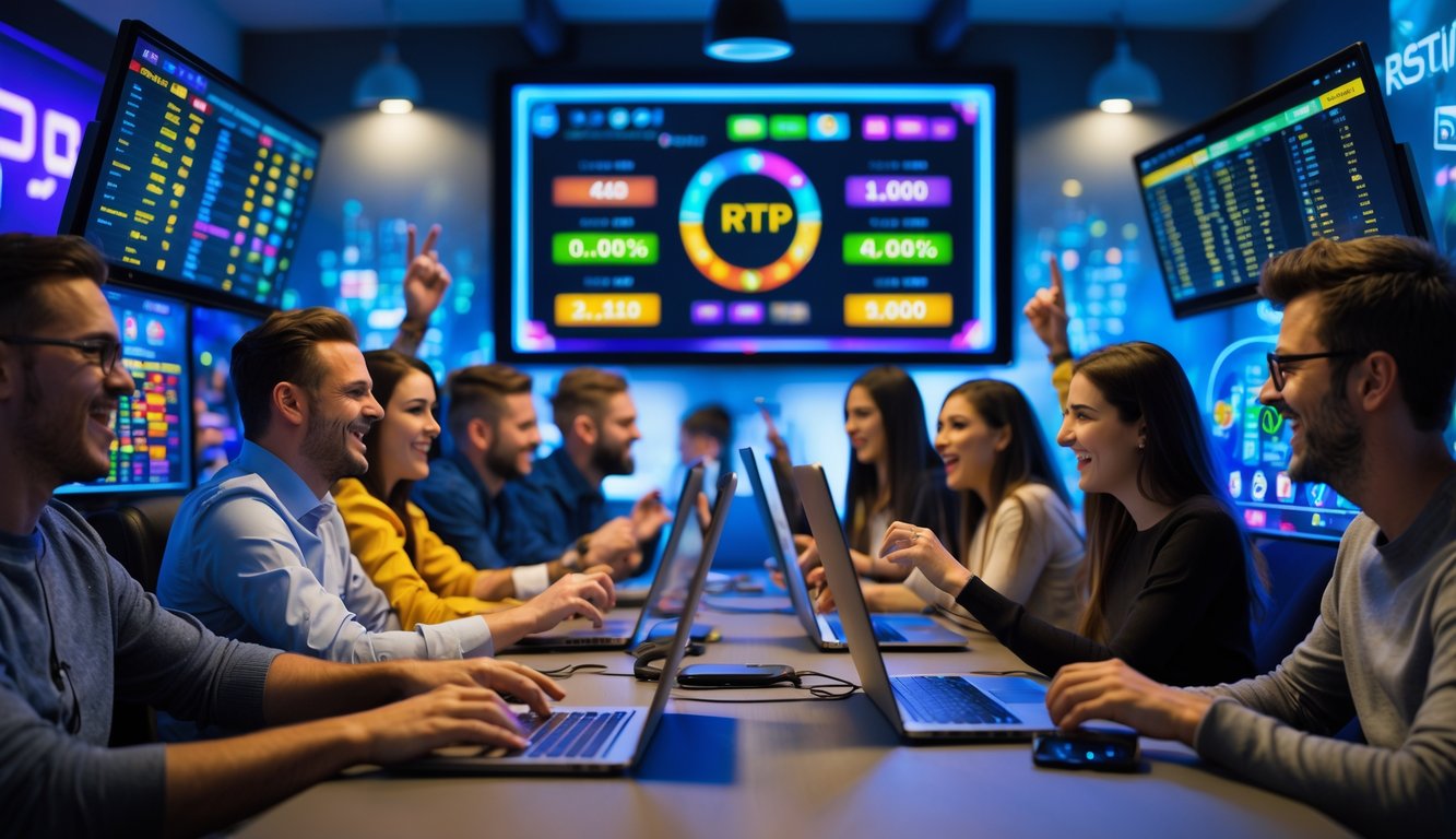 Beberapa pemain yang antusias bermain game slot online di depan komputer dan perangkat mobile dalam ruangan yang terang dan modern.