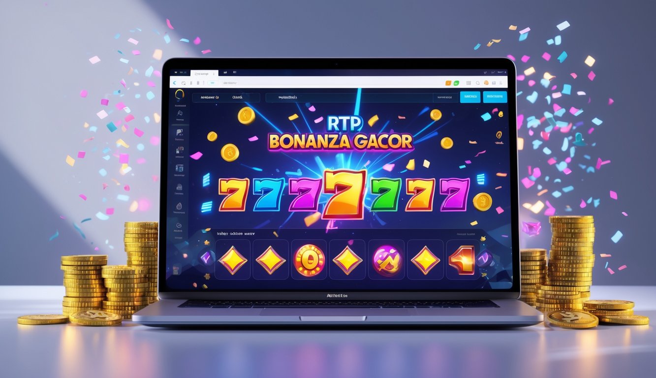 Seorang pemain sedang menggunakan komputer dengan tampilan permainan slot online yang penuh warna dan simbol kemenangan, dikelilingi oleh elemen koin dan chip digital yang bersinar.
