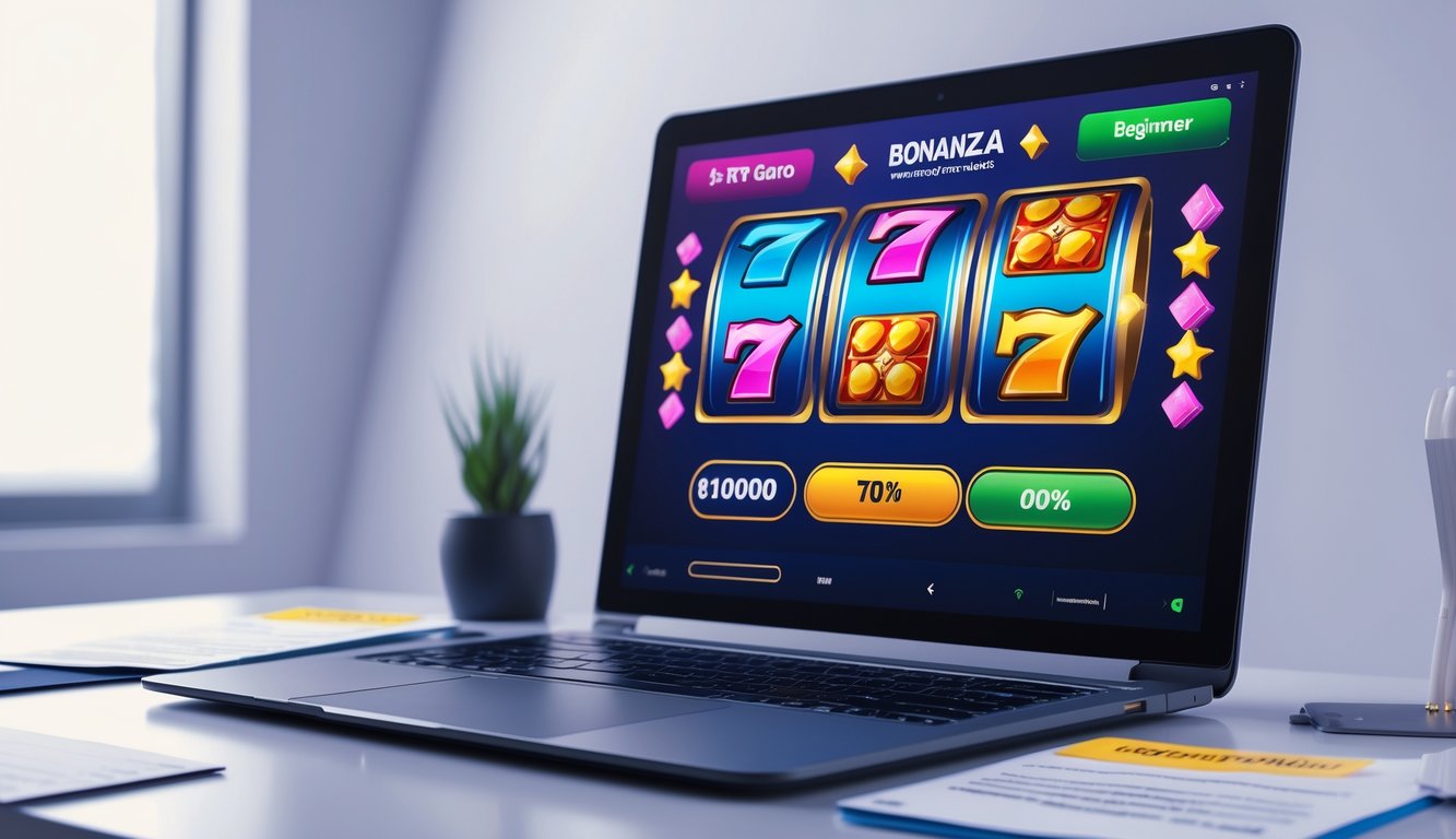 Seorang pengguna sedang melihat layar komputer yang menampilkan permainan slot online dengan simbol warna-warni dan indikator RTP, di meja terdapat catatan panduan untuk pemula.