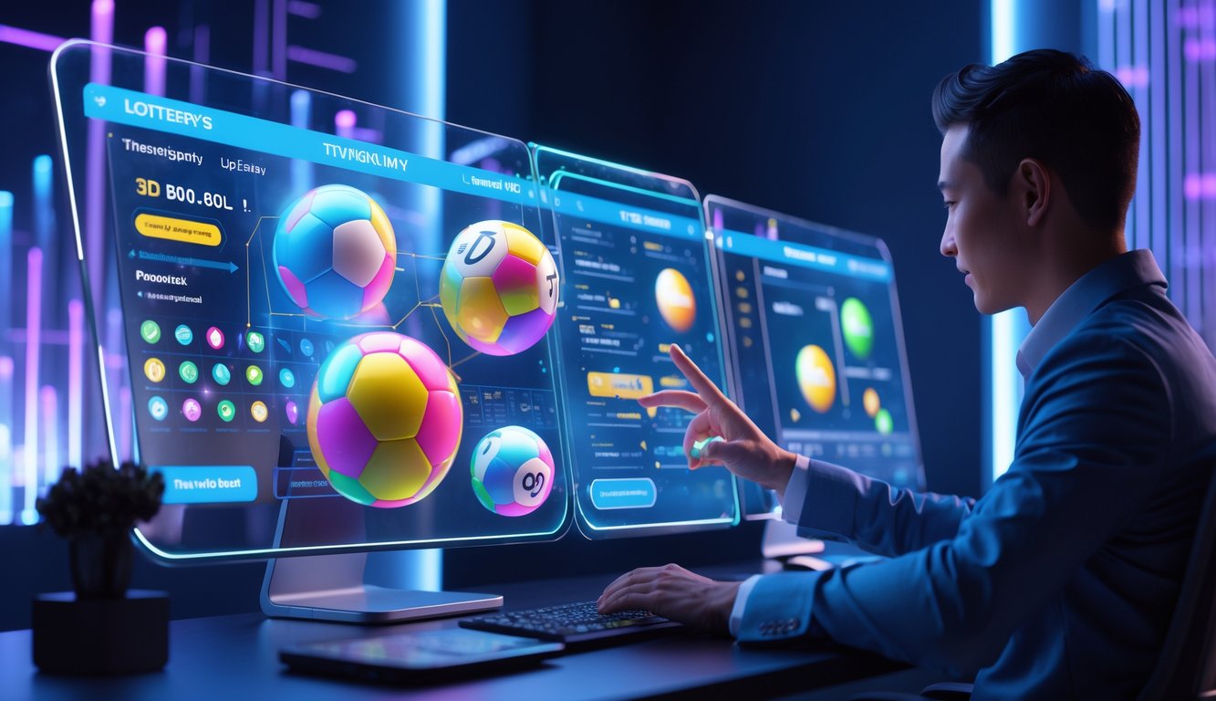 Seseorang menggunakan komputer dengan layar holografik menampilkan bola lotere 3D dan grafik pasar lotere di ruangan dengan pencahayaan lembut biru dan ungu.