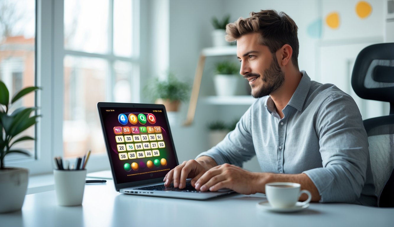 Seorang pria muda duduk di meja dengan laptop, fokus pada layar yang menampilkan permainan togel online 3D.