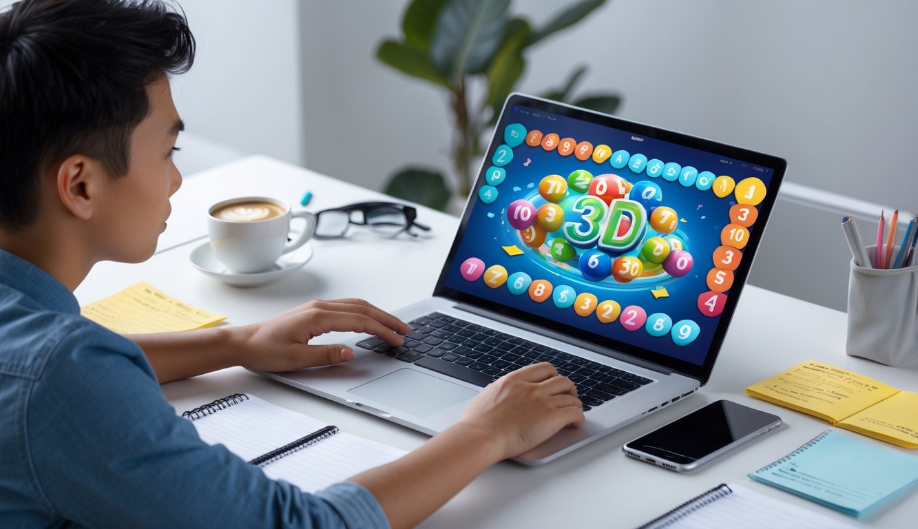 Seseorang sedang menggunakan laptop dengan tampilan permainan togel 3D online di meja kerja yang rapi.