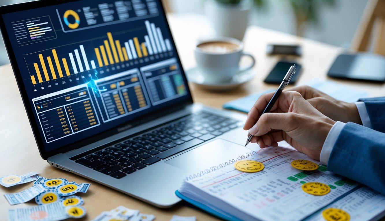 Meja kerja dengan laptop, tiket togel, buku catatan, dan tangan seseorang yang sedang menulis, menunjukkan suasana perencanaan strategi togel online.