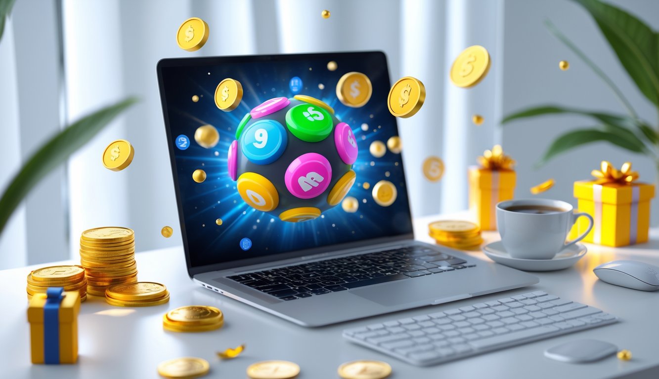 Seorang pengguna duduk di depan komputer dengan tampilan grafis 3D permainan togel online, dikelilingi oleh koin emas dan kotak hadiah yang melambangkan diskon dan bonus besar.
