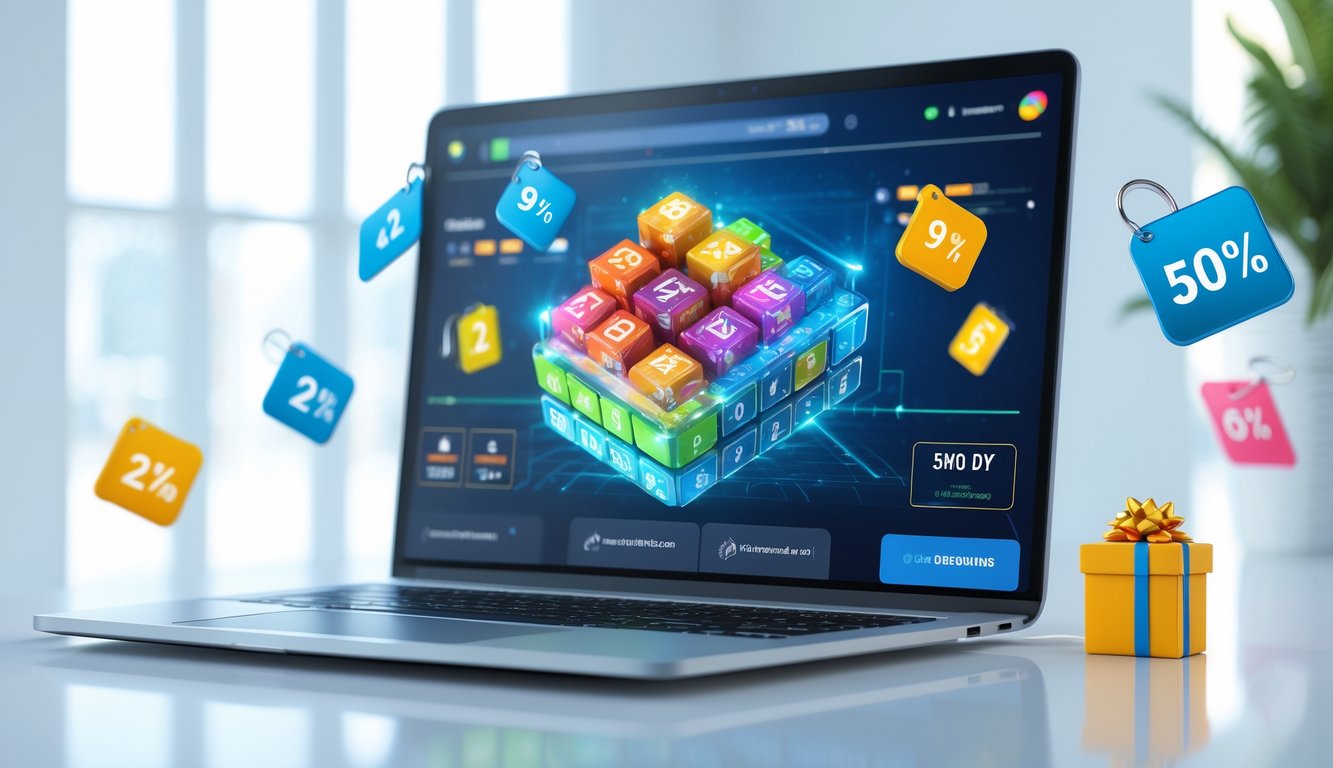Meja kerja modern dengan laptop yang menampilkan antarmuka permainan togel 3D online dan ikon diskon serta bonus di sekitarnya.