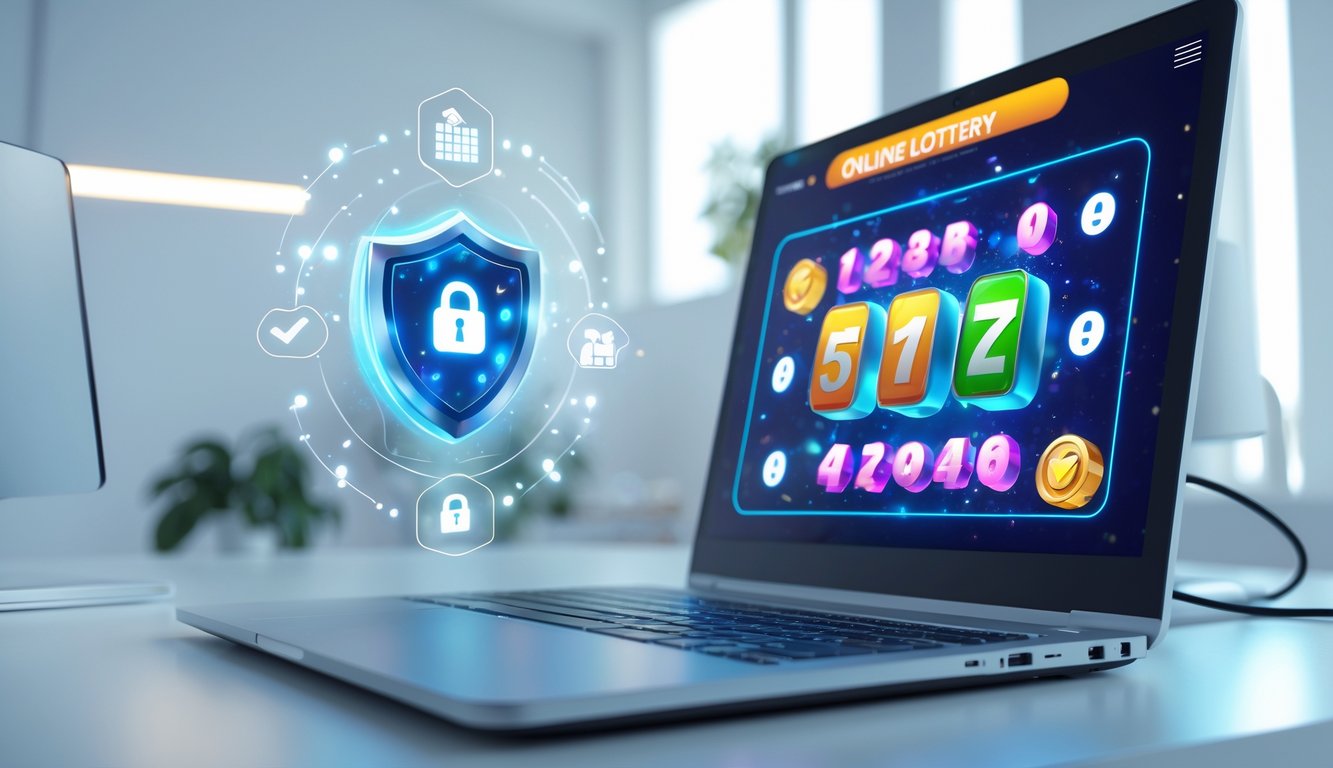 Sebuah komputer modern menampilkan antarmuka permainan lotere 3D online dengan elemen keamanan digital di sekitarnya di ruang kerja yang rapi.