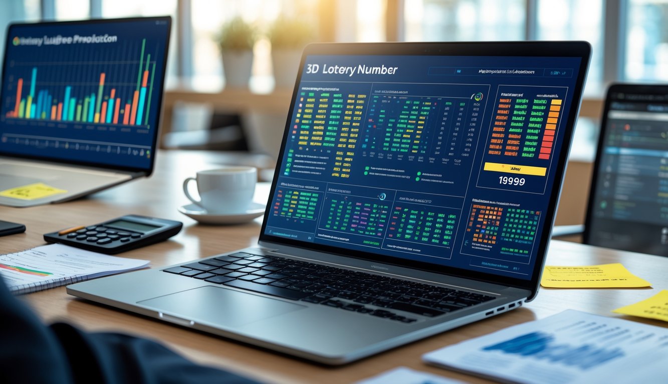 Seorang profesional sedang bekerja di depan laptop dengan data dan grafik angka togel 3D di layar, dikelilingi oleh alat tulis dan kalkulator di meja kerja.