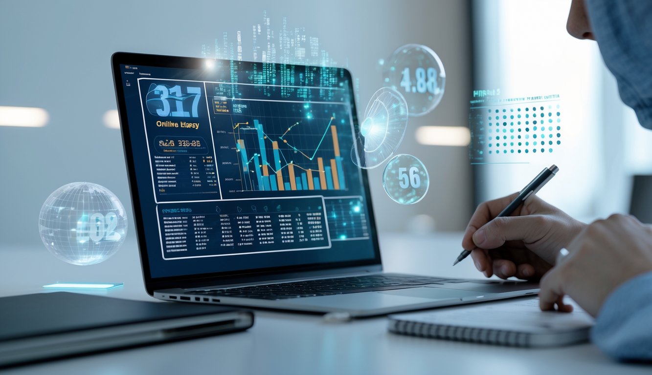 Seseorang sedang menganalisis data angka togel 3D online di depan laptop dengan grafik dan catatan di meja kerja.