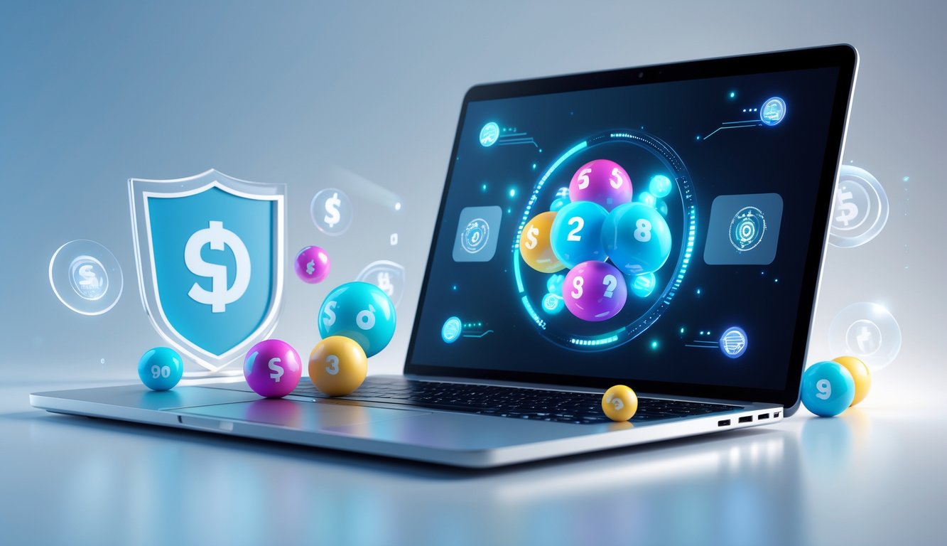 Suasana permainan togel 3D online dengan uang asli yang menampilkan layar komputer dengan bola togel 3D dan simbol keamanan digital.