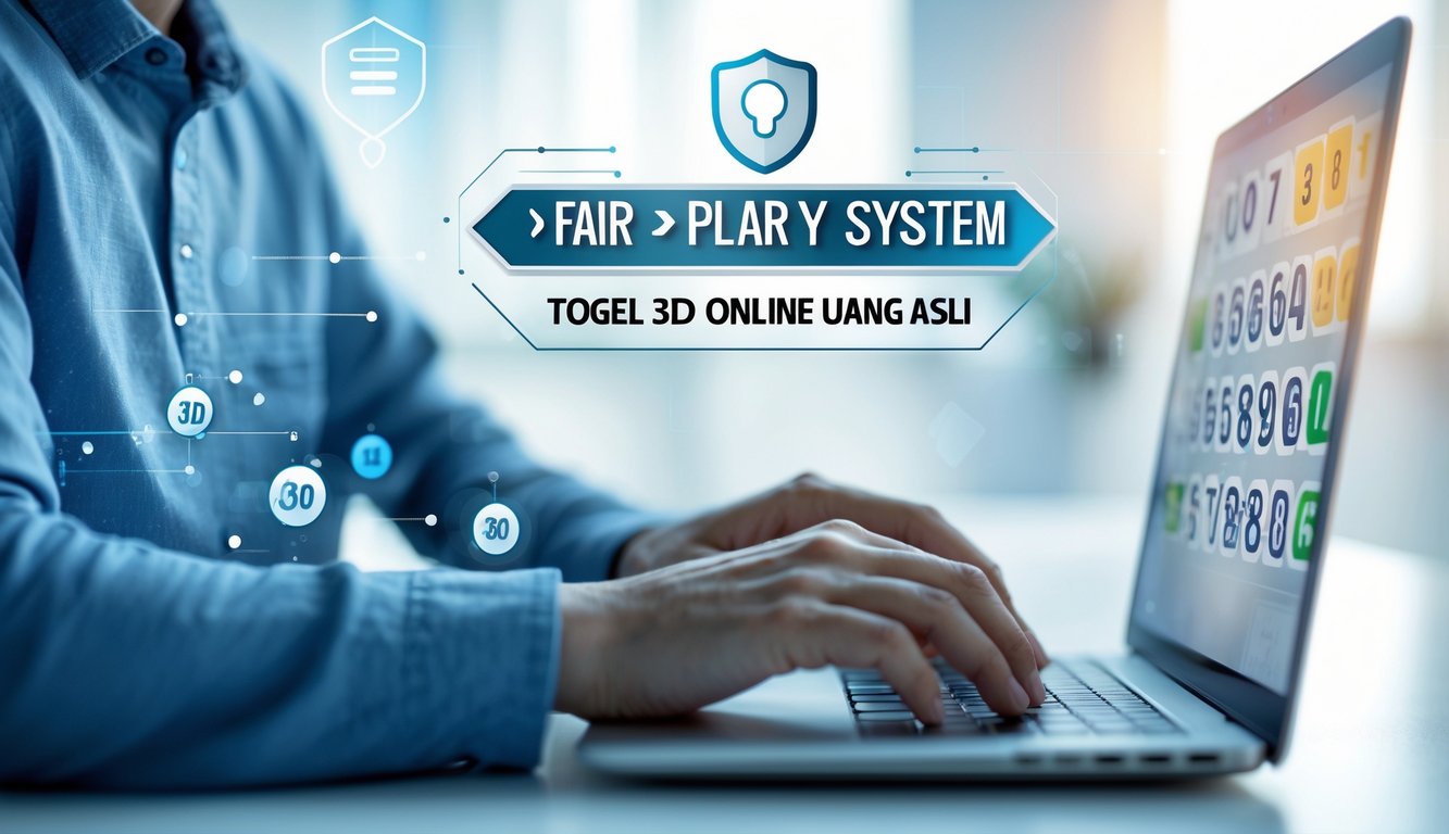 Seseorang menggunakan laptop dengan tampilan permainan togel 3D online yang aman dan adil.