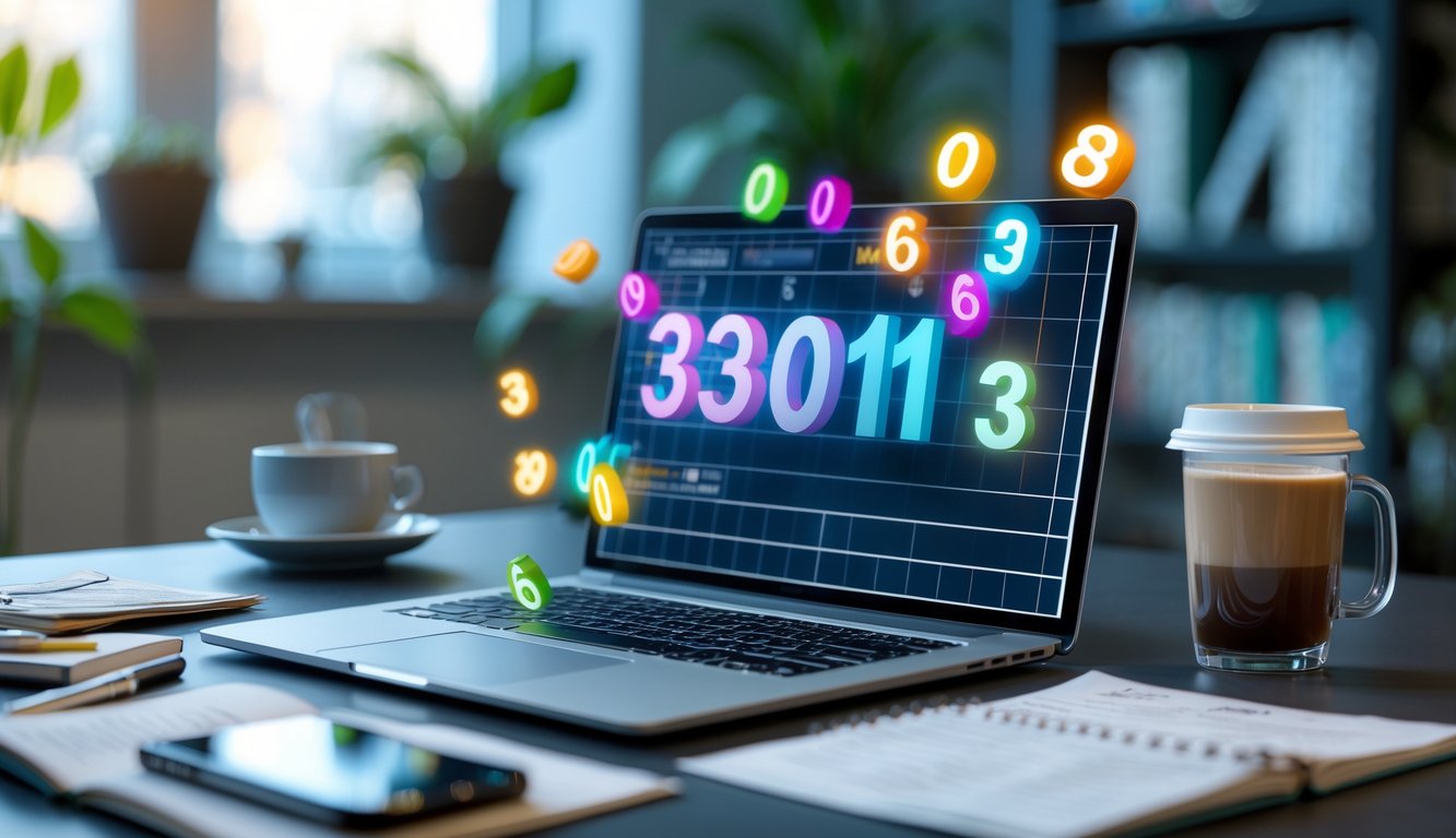 Meja kerja dengan laptop menampilkan angka tiga dimensi, smartphone dengan aplikasi togel, catatan, dan cangkir kopi di dekat jendela dengan tanaman di latar belakang.