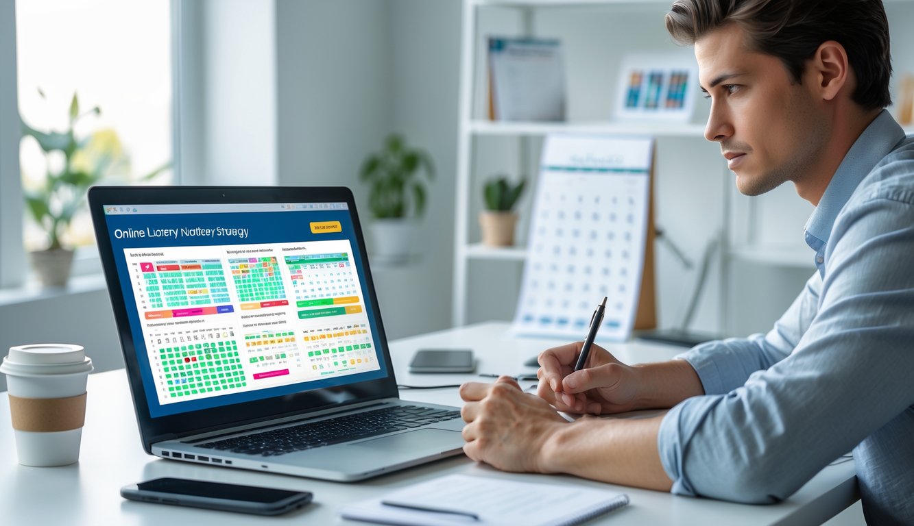 Seorang dewasa muda sedang duduk di meja dengan laptop terbuka, menganalisis data angka togel 3D secara online di ruang kerja yang terang dan rapi.