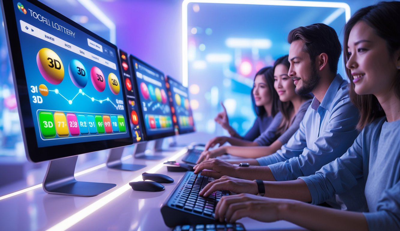 Sejumlah orang muda sedang menggunakan komputer dengan tampilan bola lotere 3D dan grafik pasar lotere online di layar.