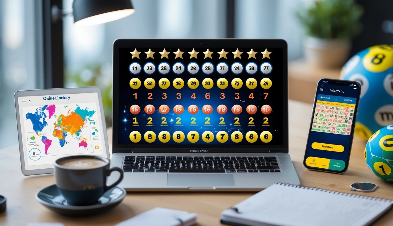 Meja kerja dengan laptop yang menampilkan angka togel dan grafik, bola togel berwarna, peta digital dengan wilayah yang disorot, dan ponsel dengan aplikasi togel terbuka.