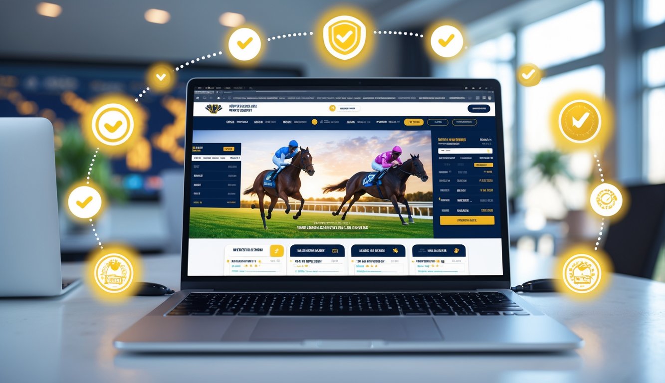 Seorang pengguna komputer sedang melihat layar dengan situs taruhan pacuan kuda online yang menampilkan berbagai pilihan dan informasi balapan.