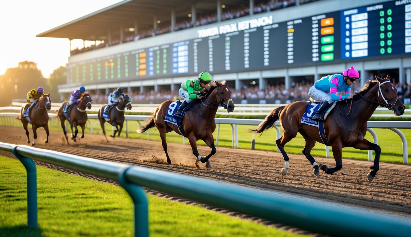 Beberapa kuda pacu sedang berlari di lintasan dengan joki mengenakan pakaian berwarna-warni, di latar belakang papan taruhan digital dan penonton di tribun.