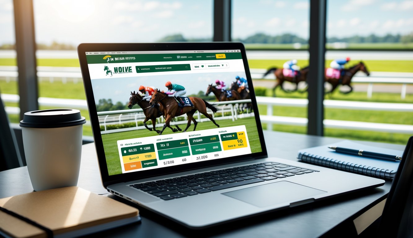 Meja kerja dengan laptop yang menampilkan situs pacuan kuda, notebook, pena, dan secangkir kopi, dengan latar belakang jendela yang memperlihatkan pacuan kuda di kejauhan.
