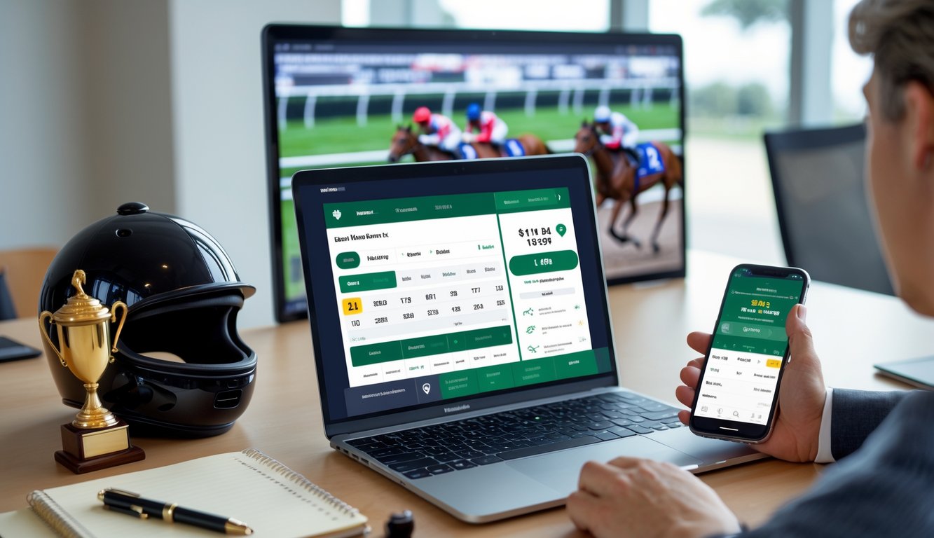 Seseorang menggunakan laptop dan ponsel untuk memasang taruhan pacuan kuda online di sebuah meja kerja dengan perlengkapan terkait pacuan kuda.