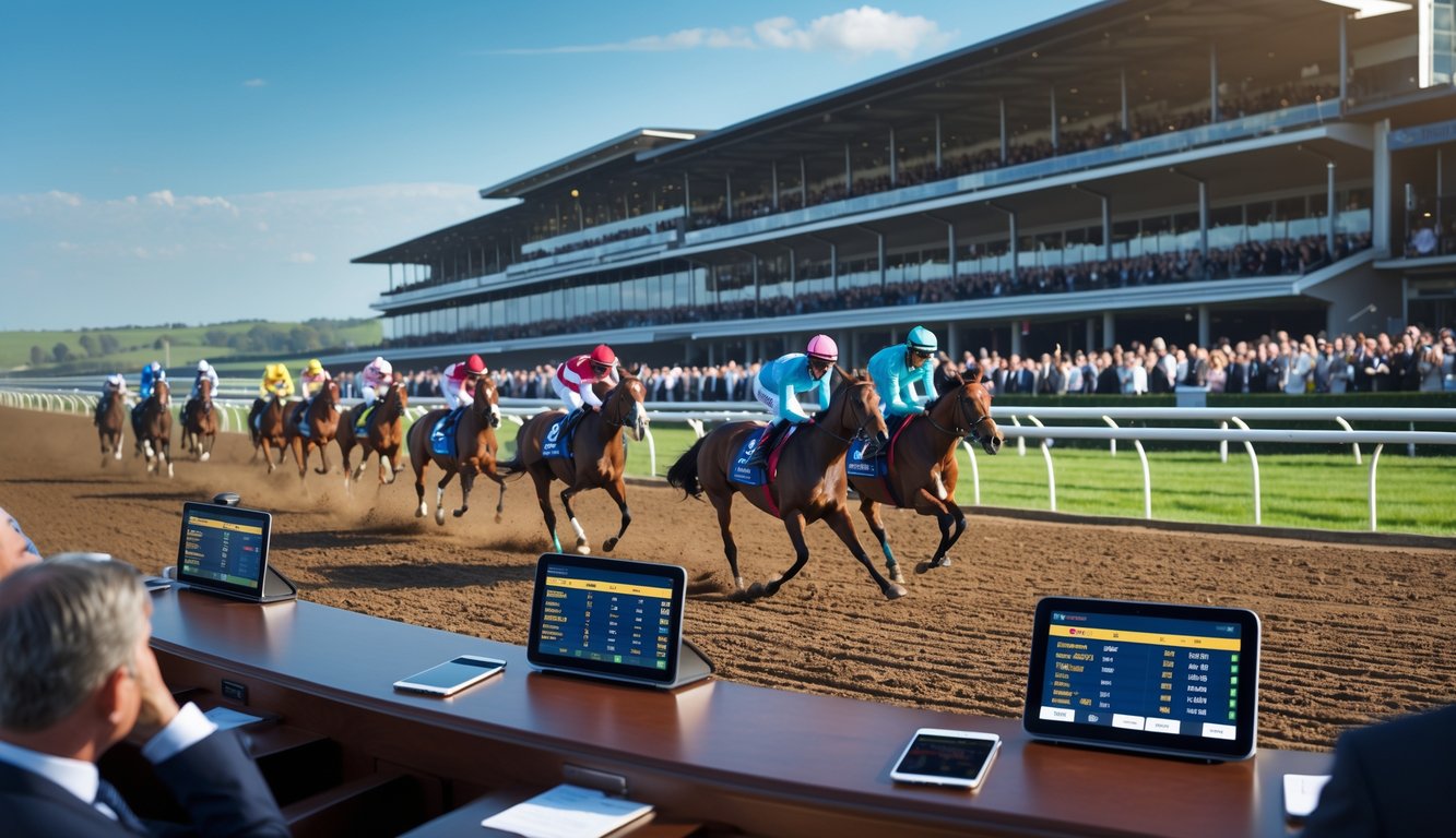 Beberapa kuda pacuan dengan joki sedang berlomba di lintasan dengan penonton dan konter taruhan di latar depan.