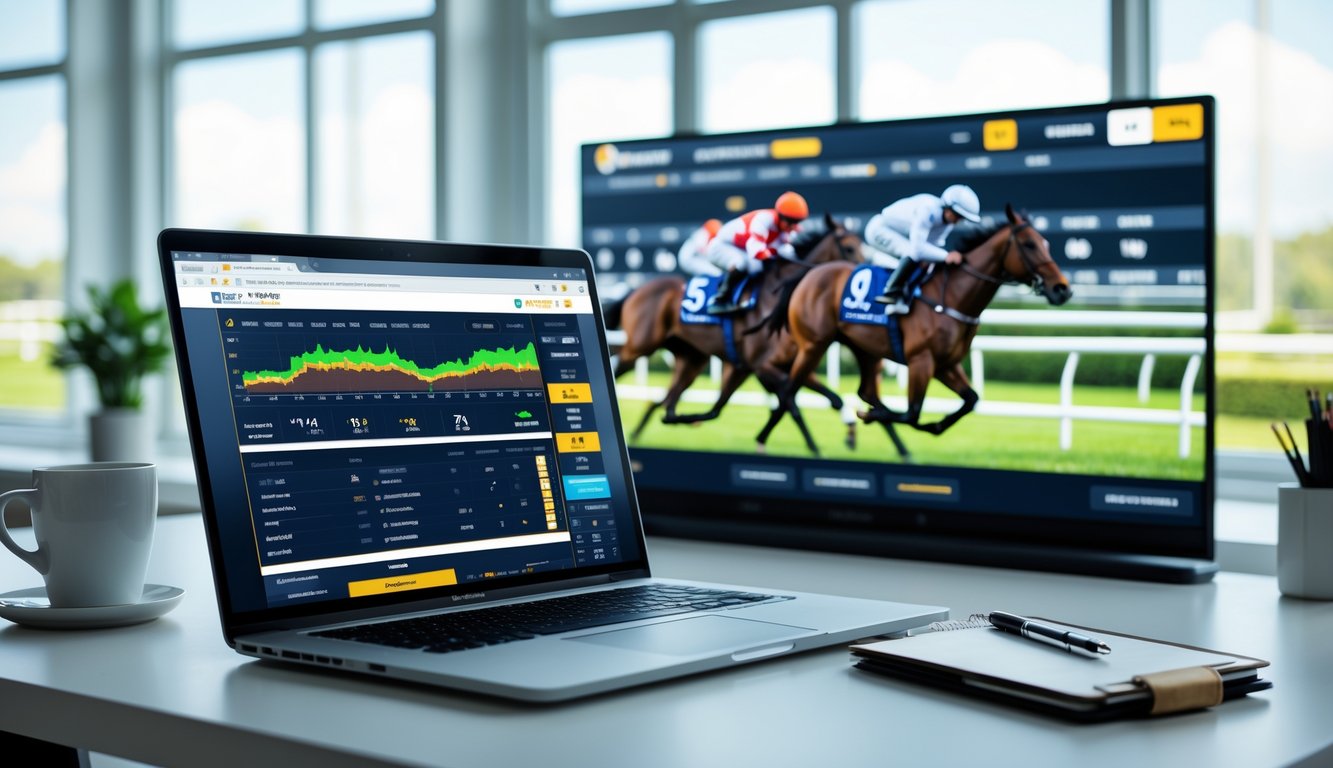 Seorang pria menggunakan laptop di meja kerja dengan layar menampilkan situs taruhan pacuan kuda, latar belakang menampilkan balapan kuda yang sedang berlangsung.