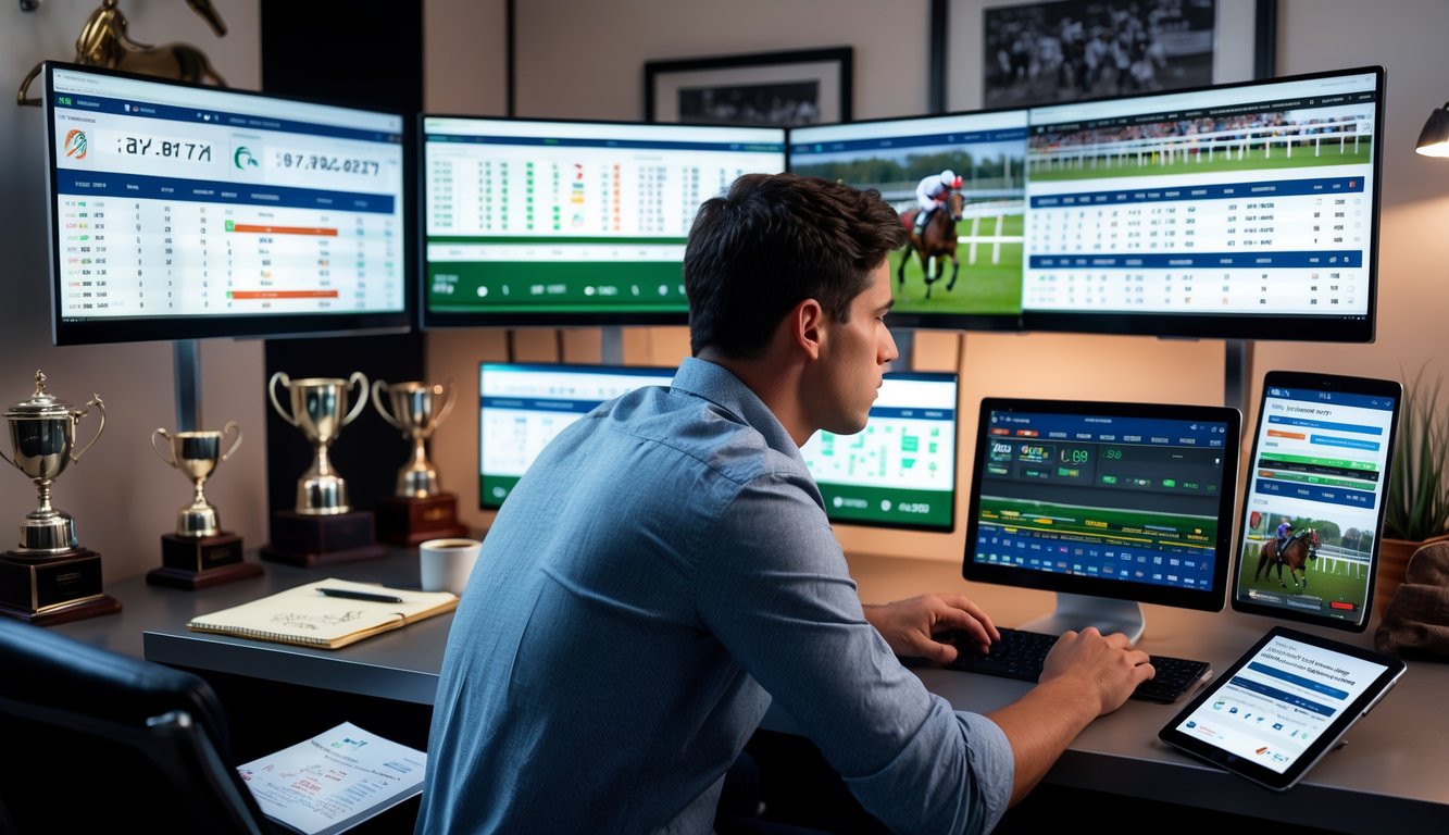 Seorang pria muda duduk di meja dengan beberapa layar komputer yang menampilkan statistik pacuan kuda dan grafik peluang, sedang menganalisis data di ruang kerja rumah yang terang.