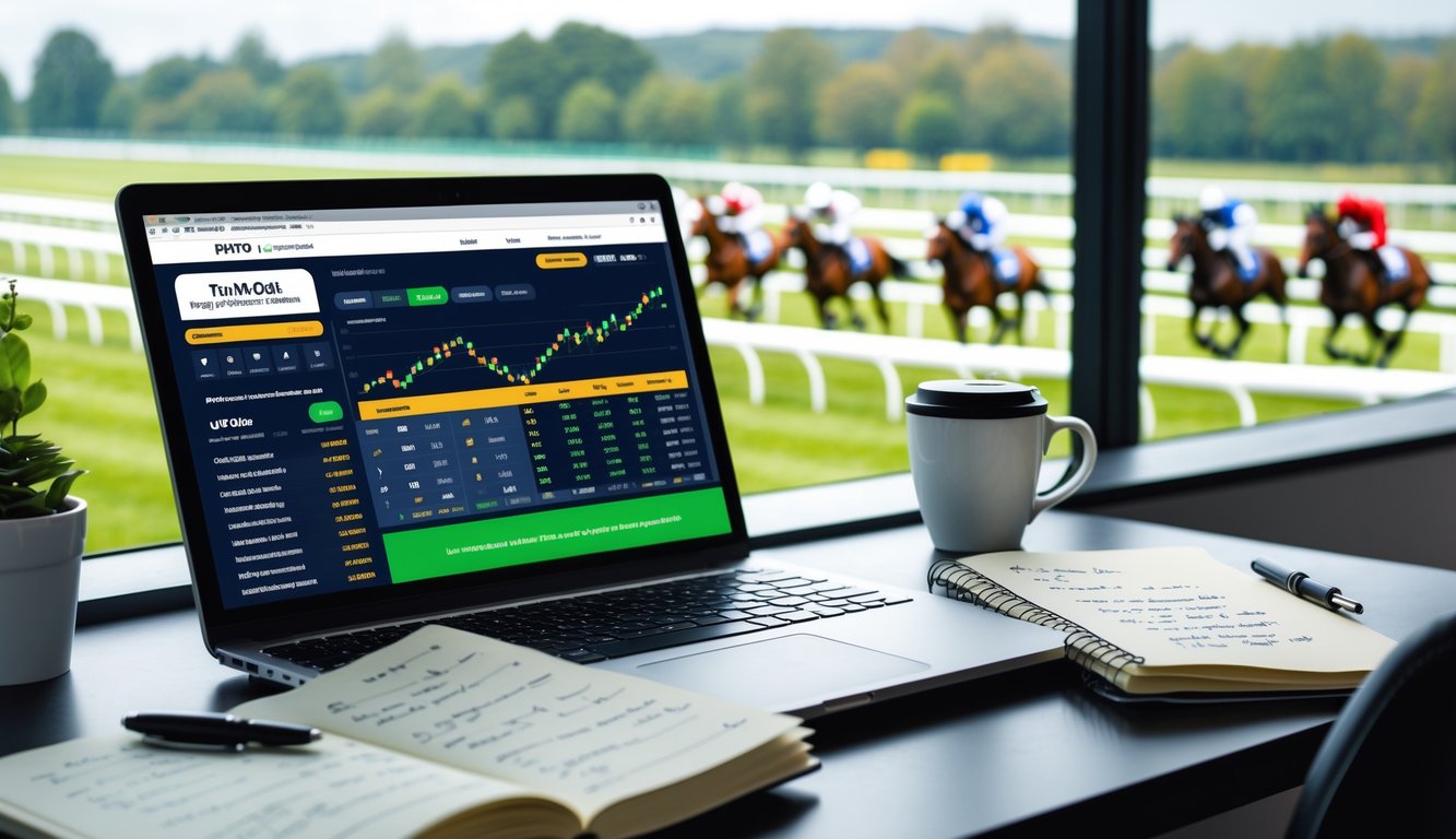 Seorang pria di meja kerja dengan laptop yang menampilkan situs taruhan pacuan kuda dan catatan analisis, dengan latar belakang jendela yang memperlihatkan pacuan kuda.