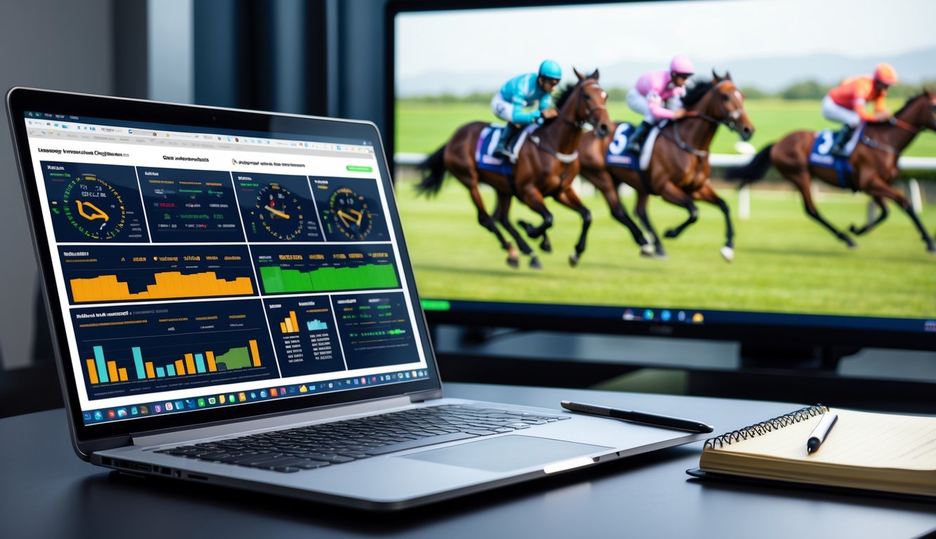 Seorang pria bekerja dengan laptop yang menampilkan statistik pacuan kuda, dengan layar besar di latar belakang yang menunjukkan balapan kuda sedang berlangsung.