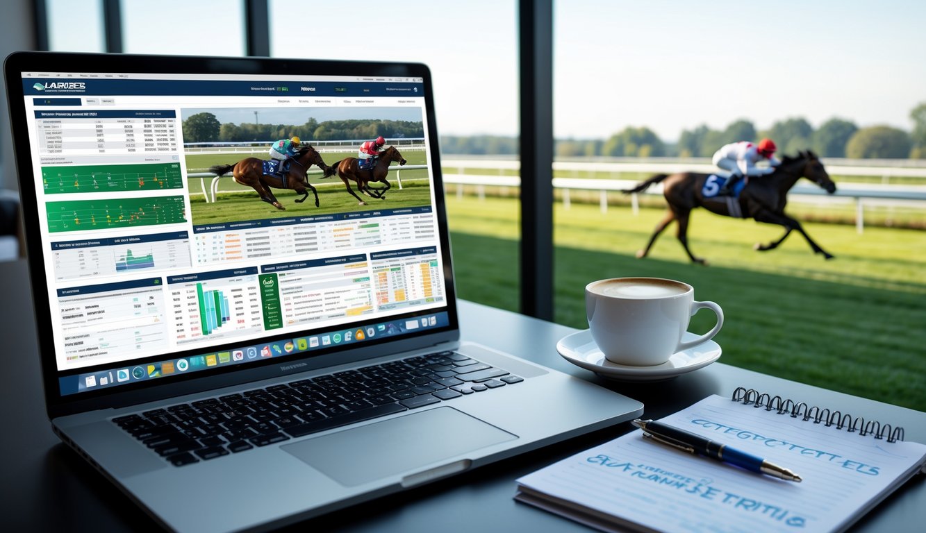 Seorang pria sedang menganalisis statistik pacuan kuda di laptop dengan latar belakang trek pacuan kuda dan kuda yang sedang berlomba.