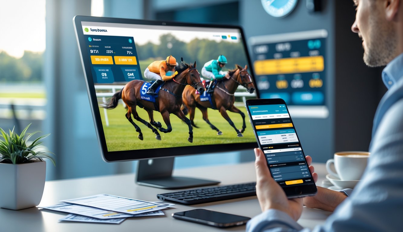 Seorang pria duduk di depan komputer yang menampilkan siaran langsung pacuan kuda dengan layar penuh, di meja terdapat slip taruhan dan ponsel yang menunjukkan peluang taruhan.