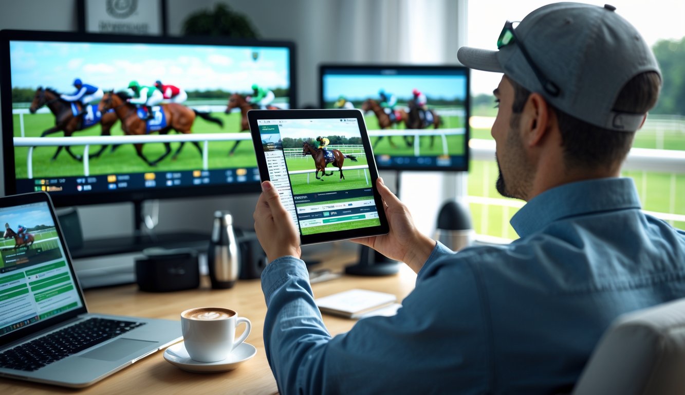 Seseorang menonton pacuan kuda secara langsung di layar besar sambil menggunakan ponsel untuk bertaruh dalam ruangan yang nyaman.