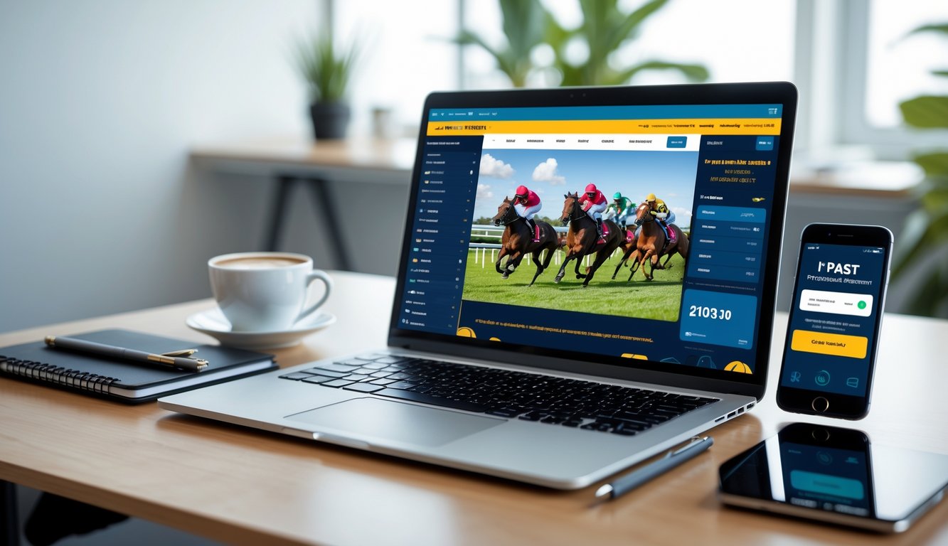 Seorang pengguna duduk di depan laptop dan ponsel yang menampilkan situs taruhan pacuan kuda dengan konfirmasi pembayaran cepat di meja kerja yang rapi.