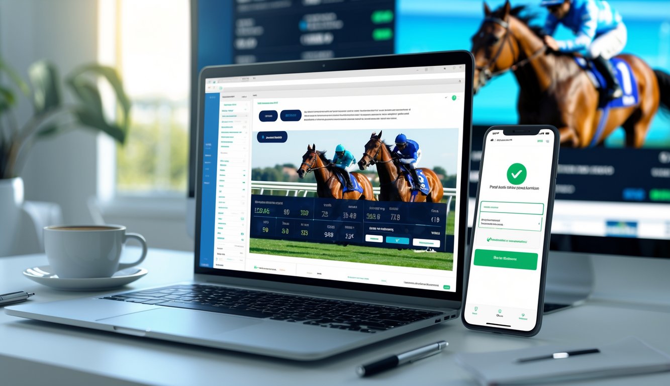 Seorang pengguna sedang melihat situs taruhan pacuan kuda online di laptop dengan ponsel menampilkan konfirmasi pembayaran cepat di meja kerja yang rapi.