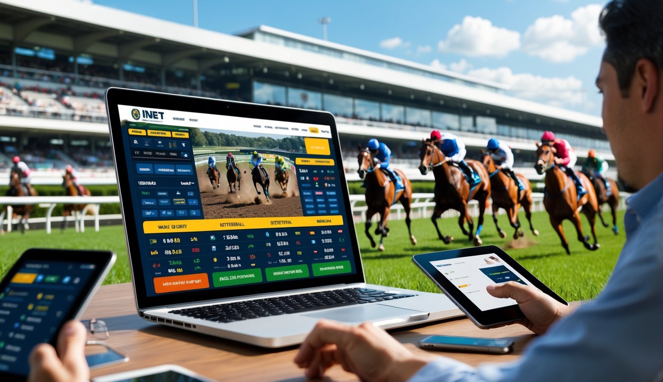 Beberapa orang sedang menonton pacuan kuda internasional secara online menggunakan laptop dan perangkat digital lainnya dengan latar belakang kuda dan joki sedang berlomba di lintasan pacuan.