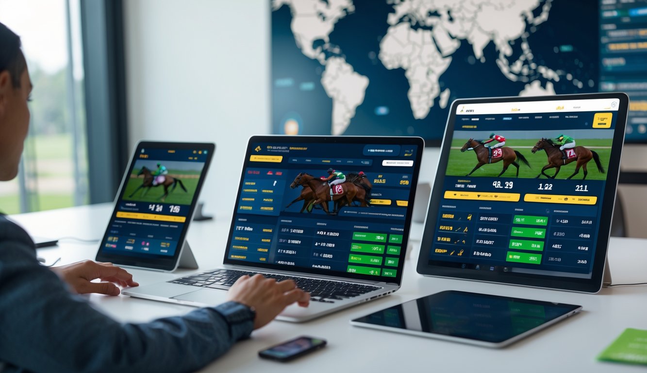 Seorang pria menggunakan beberapa perangkat digital untuk memasang taruhan pacuan kuda secara online dengan tampilan grafik odds dan peta dunia di latar belakang.