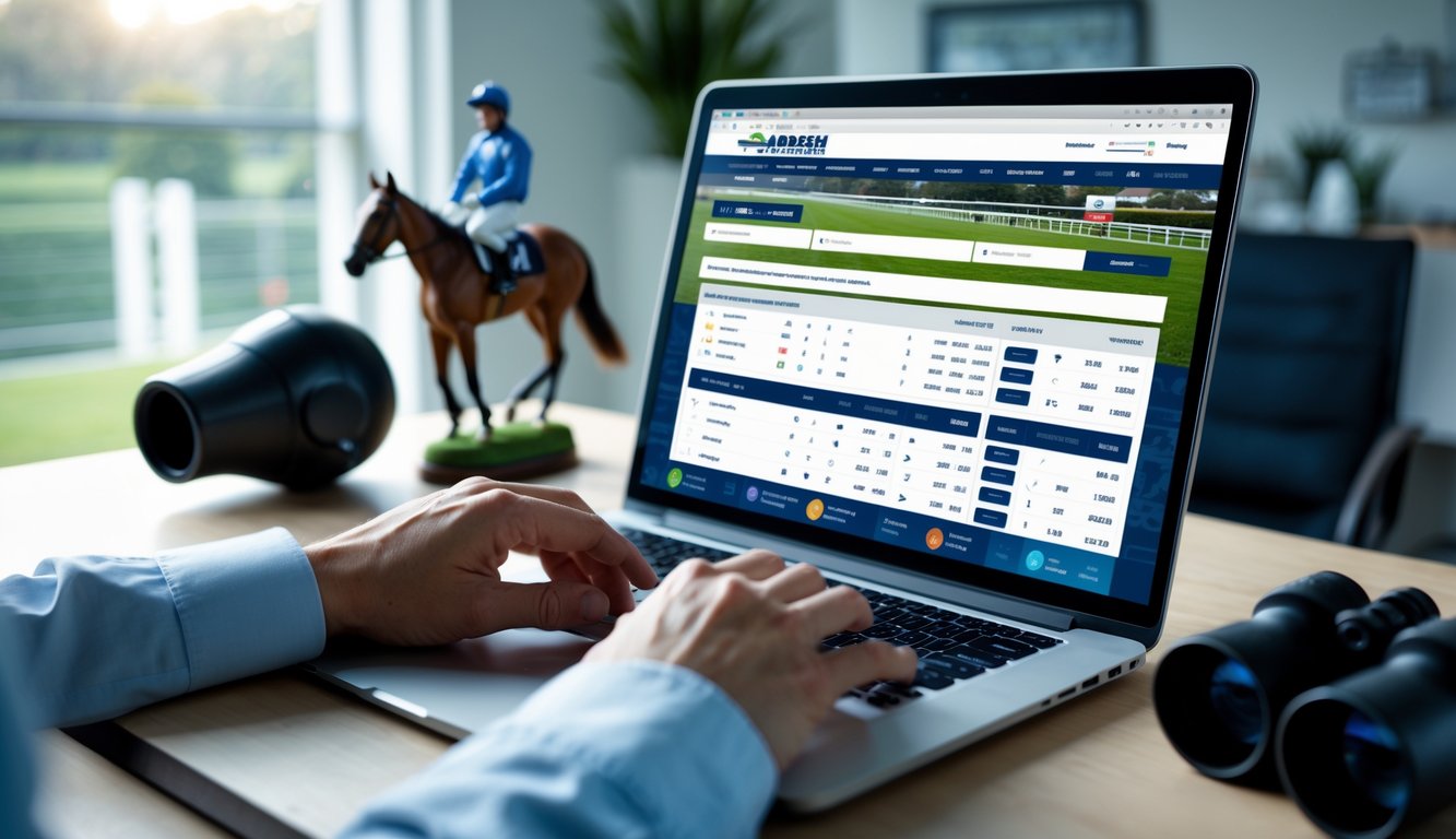 Seseorang menggunakan laptop di meja kerja dengan figur kuda dan helm joki di sekitar, menyiapkan taruhan pacuan kuda online.
