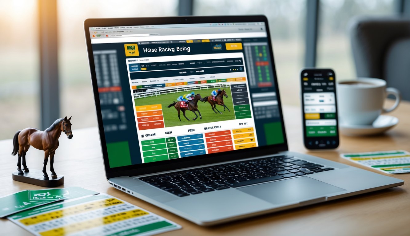 Seorang pengguna bekerja dengan laptop yang menampilkan situs taruhan pacuan kuda online, dikelilingi oleh miniatur kuda, slip taruhan, dan ponsel dengan pembaruan balapan.
