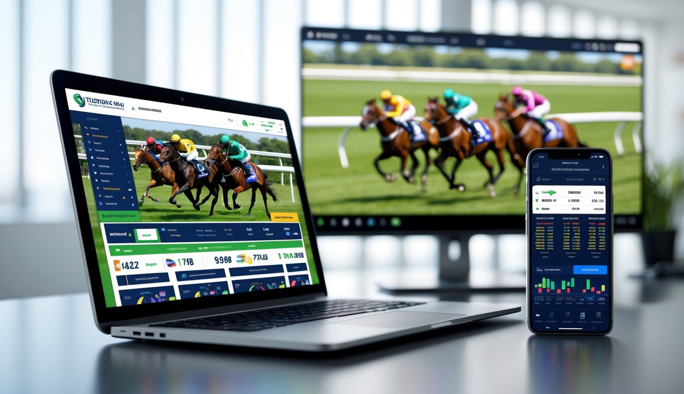 Sebuah laptop dan ponsel menampilkan situs taruhan pacuan kuda online dengan layar besar menayangkan balapan kuda secara langsung di latar belakang.