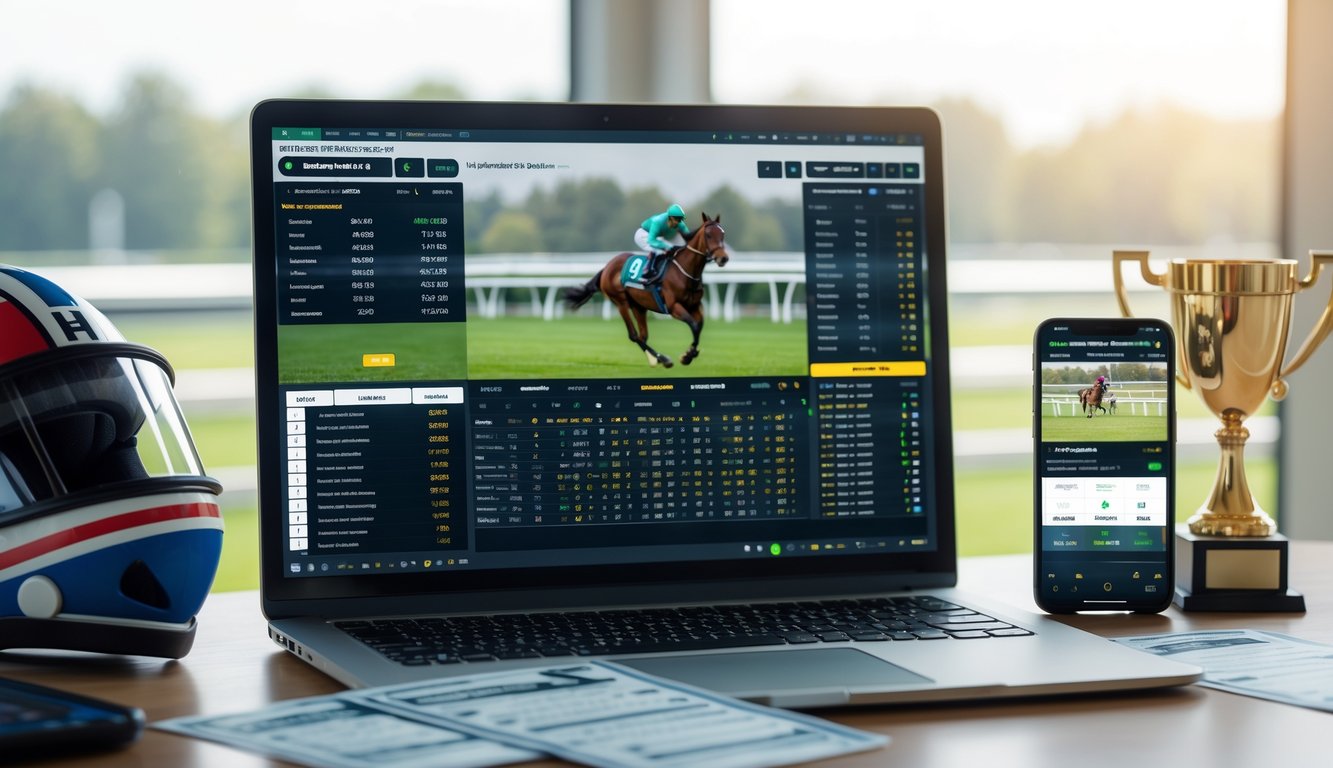 Meja kerja dengan laptop dan ponsel yang menampilkan statistik dan siaran pacuan kuda online, serta perlengkapan taruhan pacuan kuda di sekitarnya.