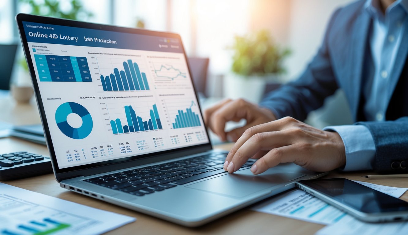 Meja kerja modern dengan laptop yang menampilkan grafik dan data, kalkulator, dan ponsel di lingkungan kantor yang terang.